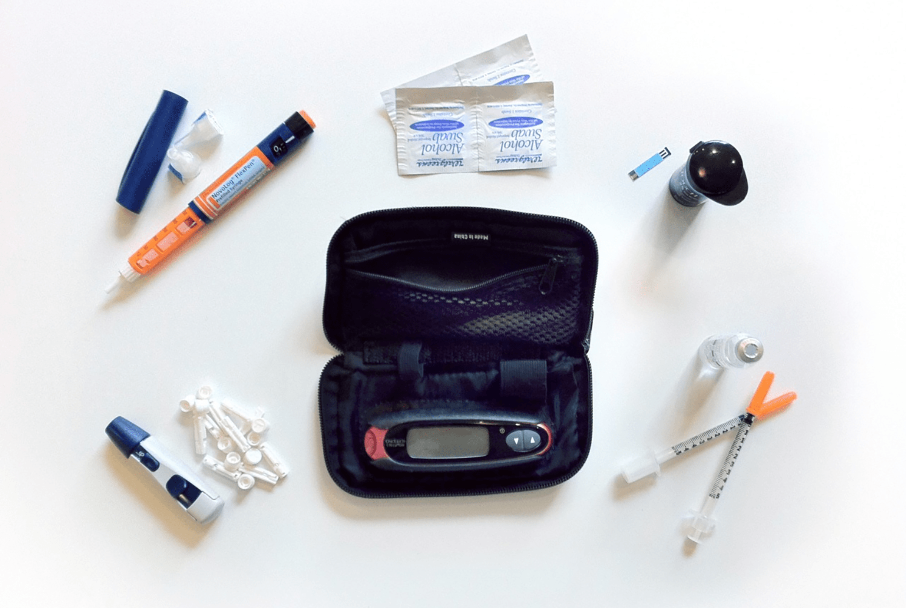 Dibkit Diabetes Supply Kit Flatlay With Meter And Syringes