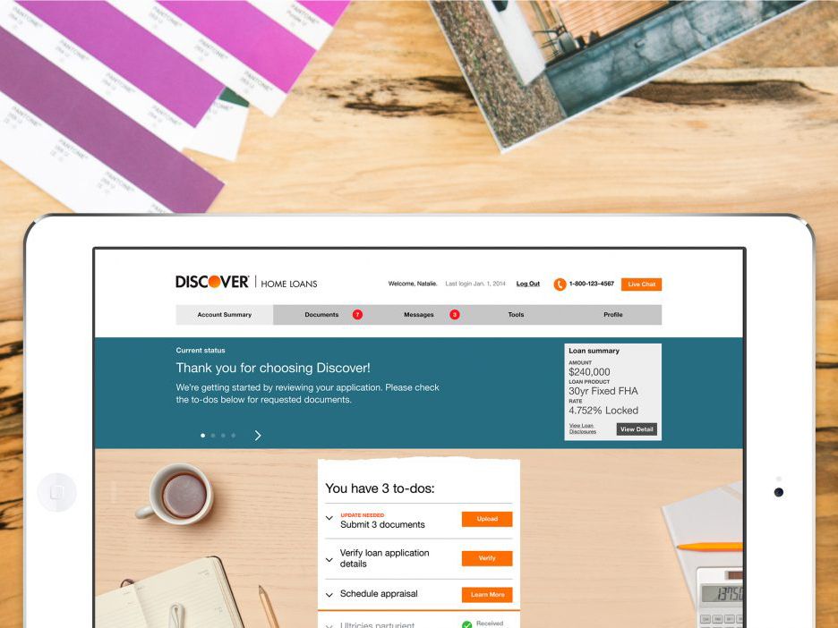 Discover Home Loans Dashboard On Tablet Application Status