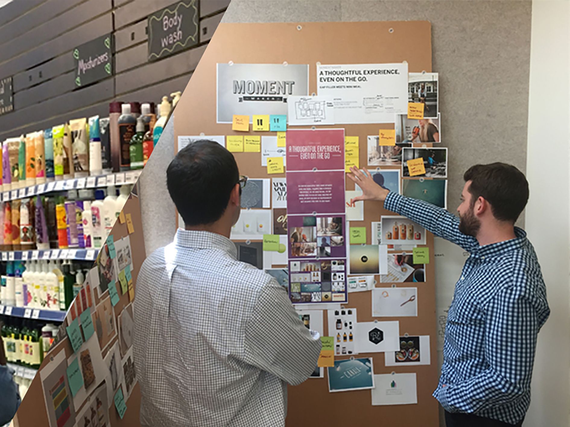 Quaker Init Team Reviewing Brand Moodboard Wall