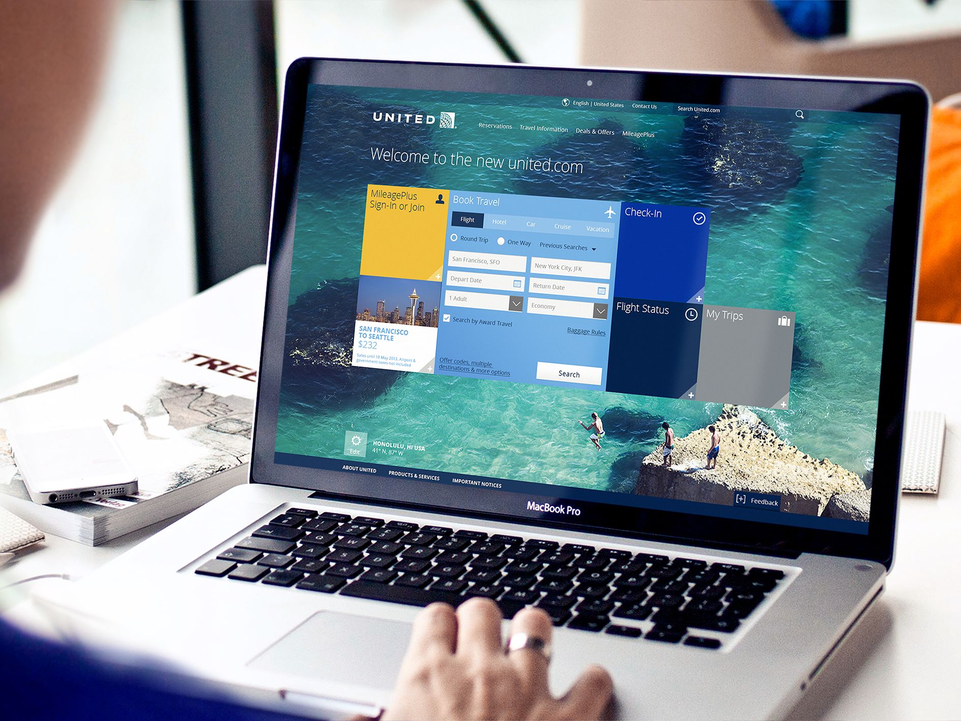 United Airlines United Com Homepage Book Travel Modules Laptop