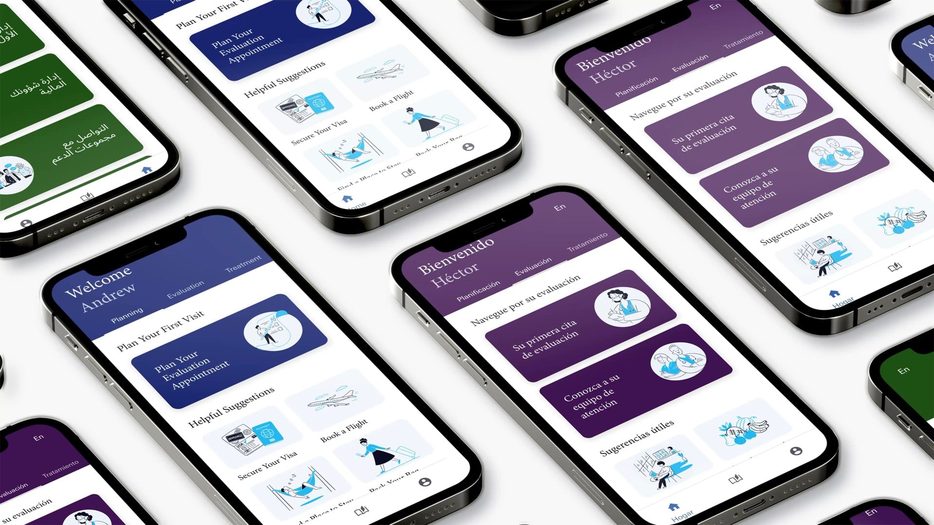 Rows of phones showing a multilingual onboarding app with visit-planning cards