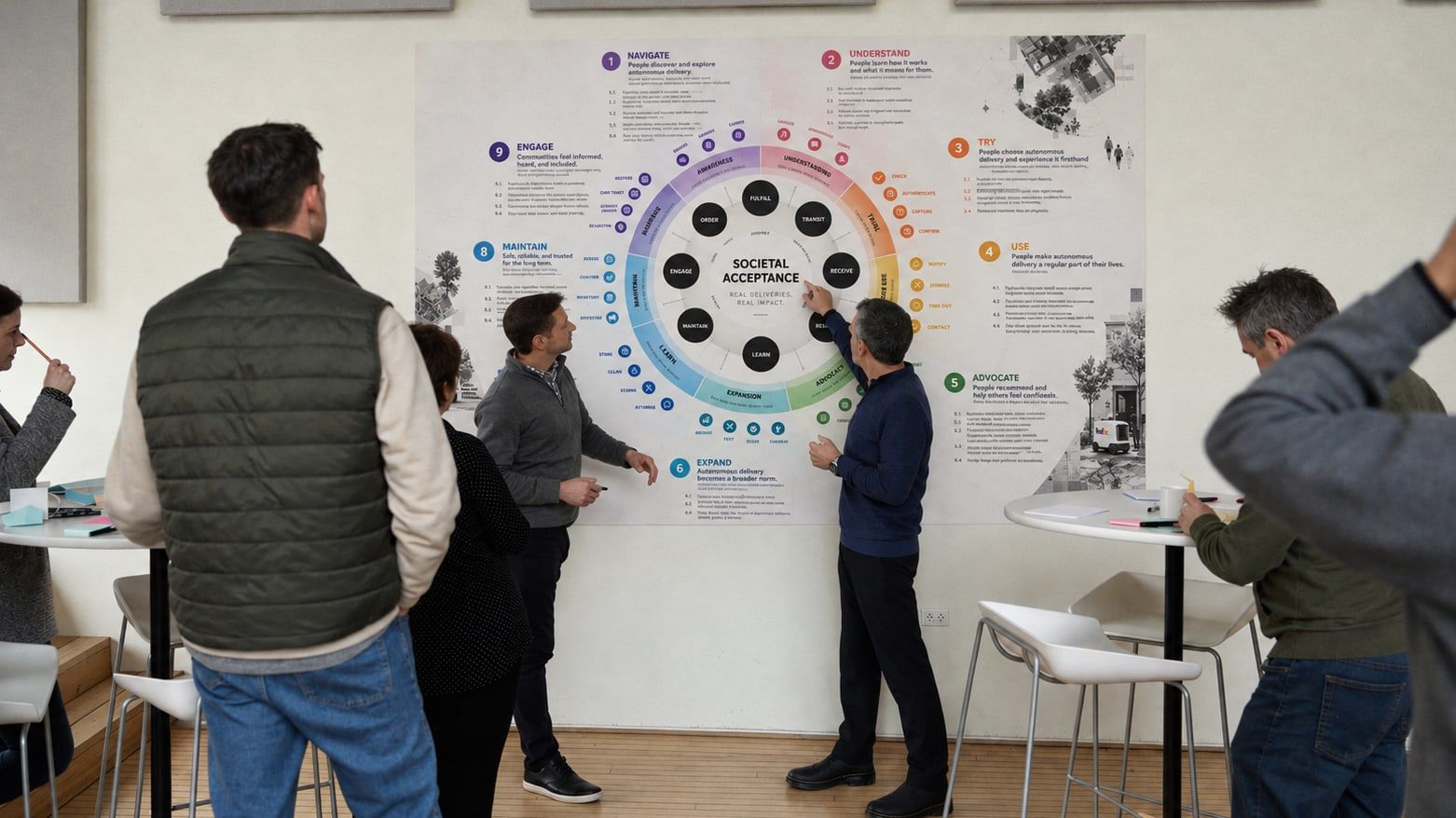 Team gathered at a wall-sized circular journey map